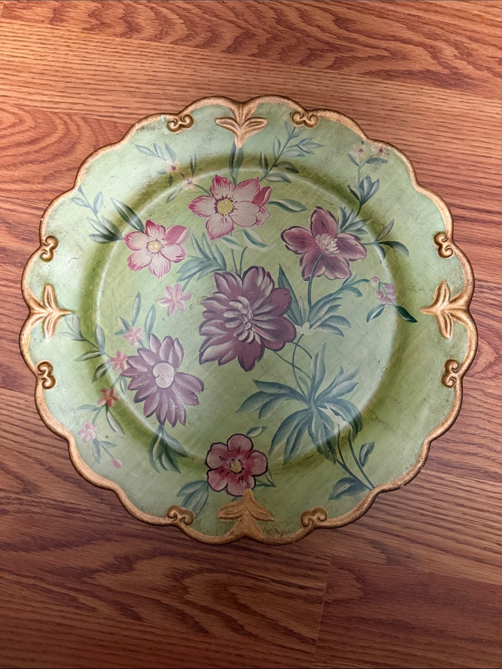 Hand-Painted Floral Decorative Plate in Green with Pink Accents